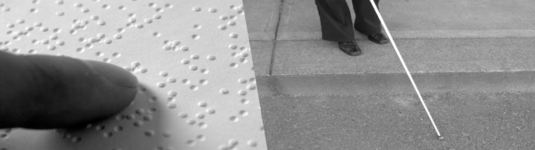 Graphic consisting of 2 photos. Left picture is a close up of a finger reading braille. Right picture is of a person travelling with a long white cane.