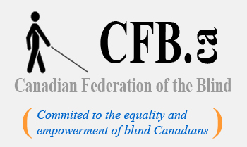 International stick-figure of a blind person with a confident walk and a long cane.  Committed to the equality and empowerment of blind Canadians.